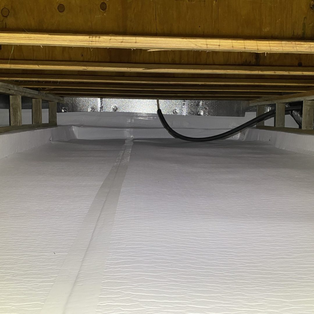 Clean, encapsulated crawl space with a white vapor barrier covering the ground and walls, sealed seams visible, insulated rim joists, exposed wood floor joists above, and a black drainage or sump discharge line running along the back wall.